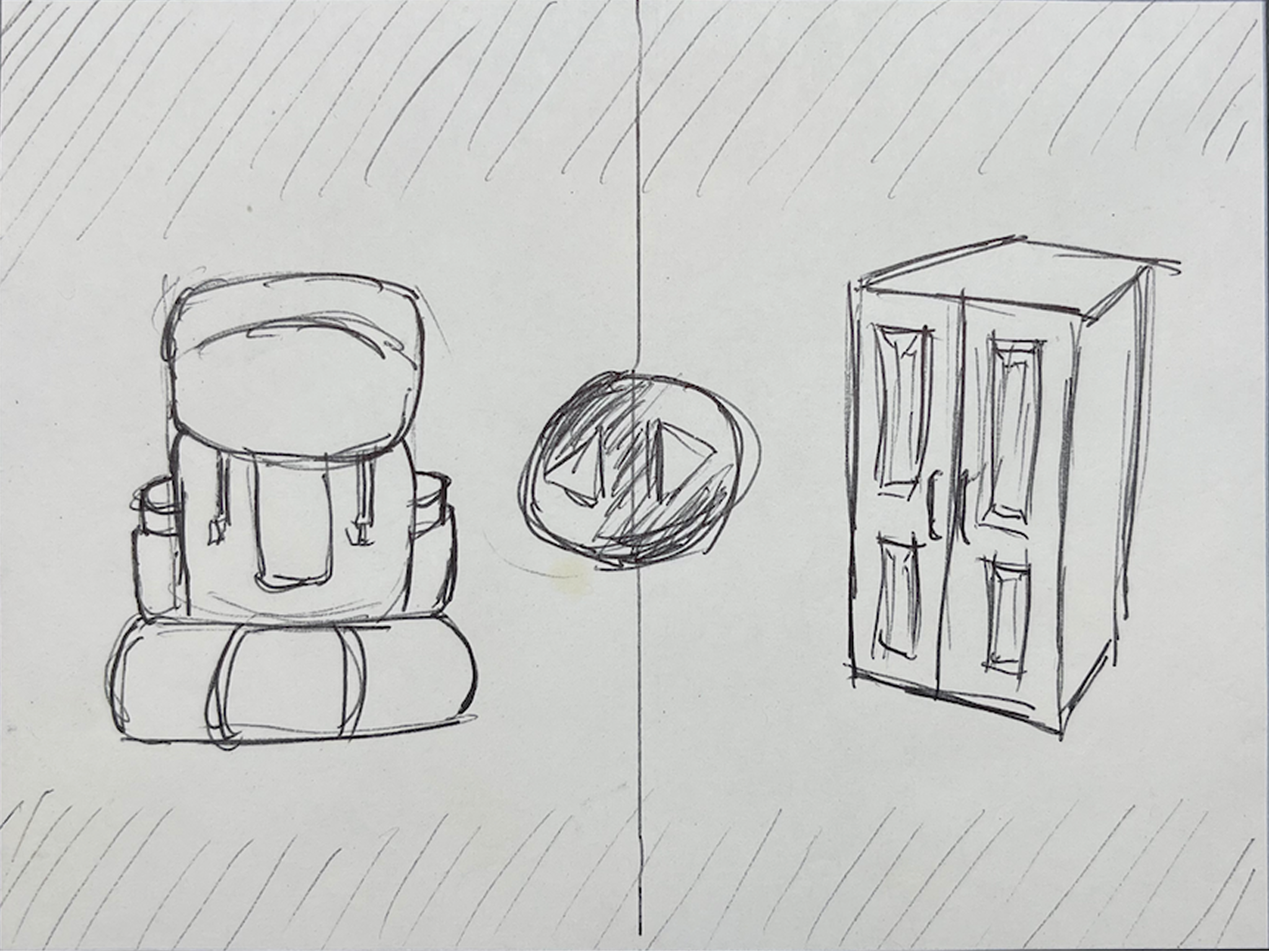 A hand-drawn notebook sketch of a loaded backpack on the left, a rough circular app-logo idea in the middle, and a gear closet on the right.