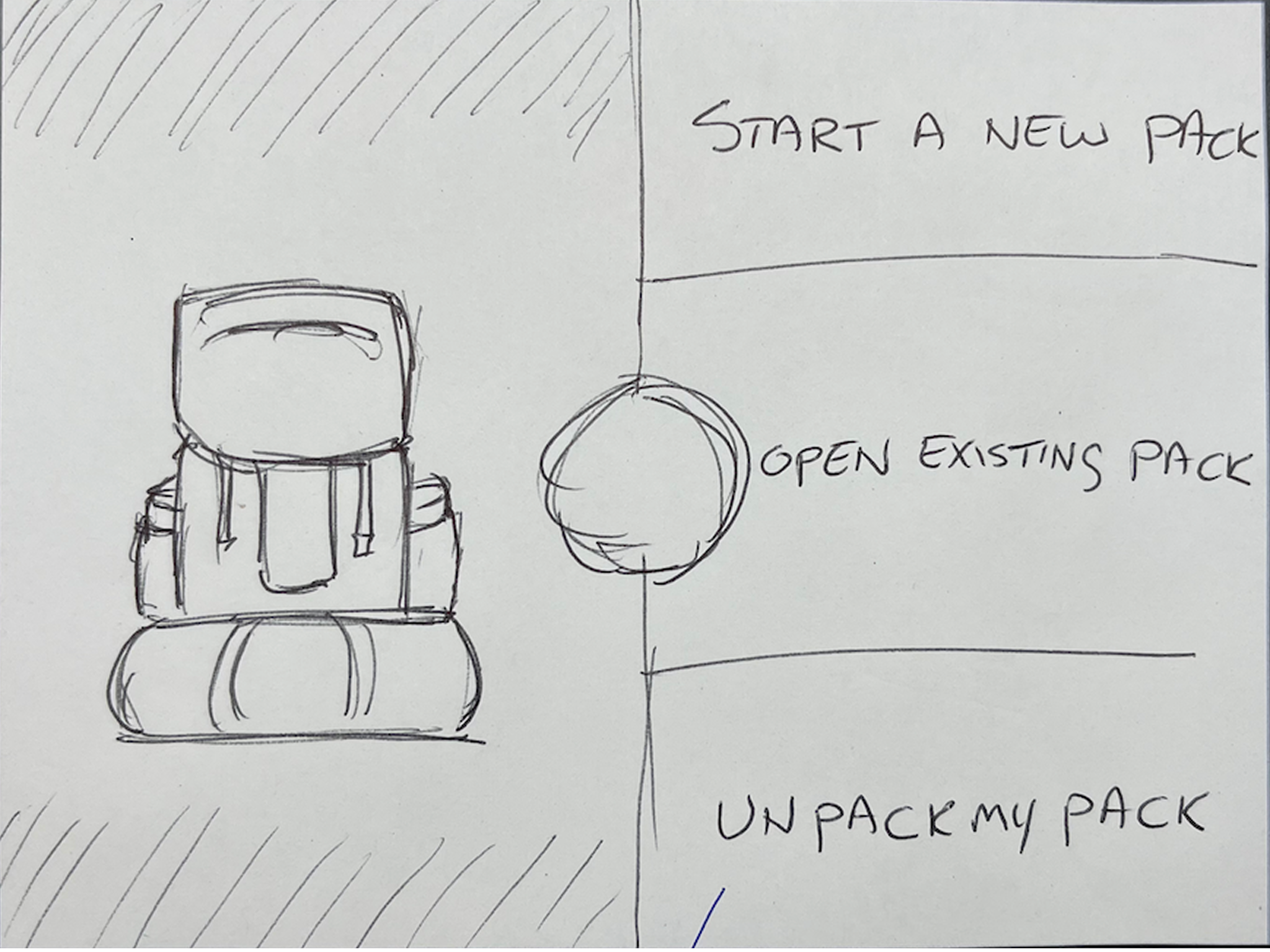 A notebook sketch of a home screen pairing a backpack illustration with three handwritten options: 'Start a new pack,' 'Open existing pack,' and 'Unpack my pack.'