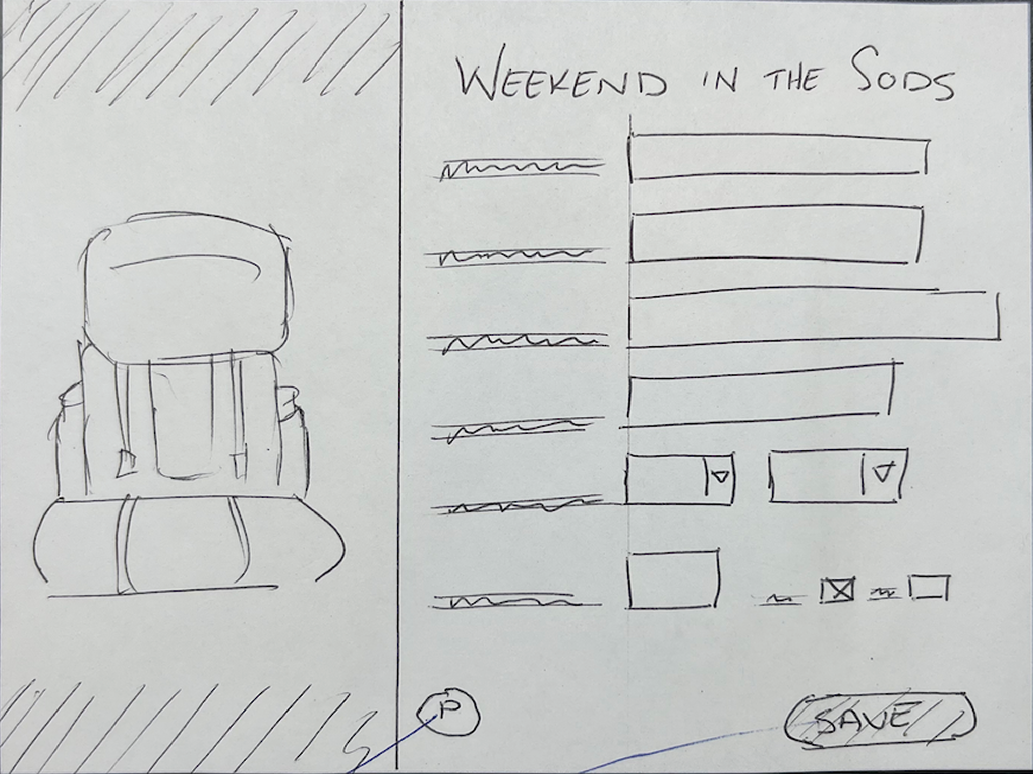 A sketched packing screen titled 'Weekend in the Sods,' with a backpack on the left and a list of gear rows with weights and checkboxes on the right, plus a Save button.