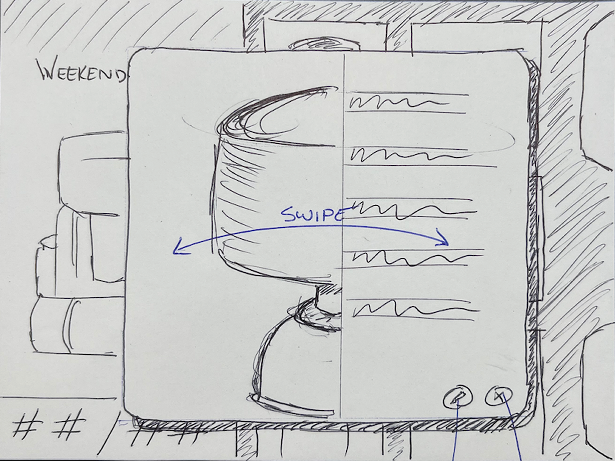 A sketched modal over the packing screen showing a backpack and a gear list, with a 'swipe' arrow indicating left-right navigation between packs.