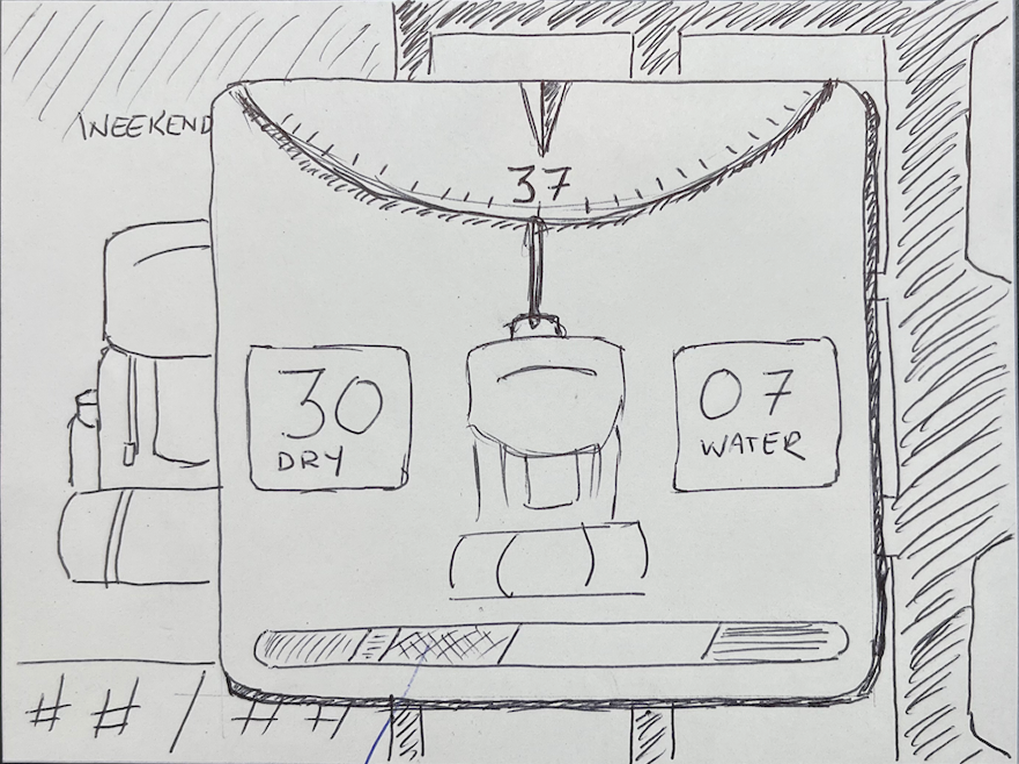 A sketched modal showing a scale reading 37 with '30 dry' and '07 water' totals beneath a backpack — an early take on the total-weight calculation.