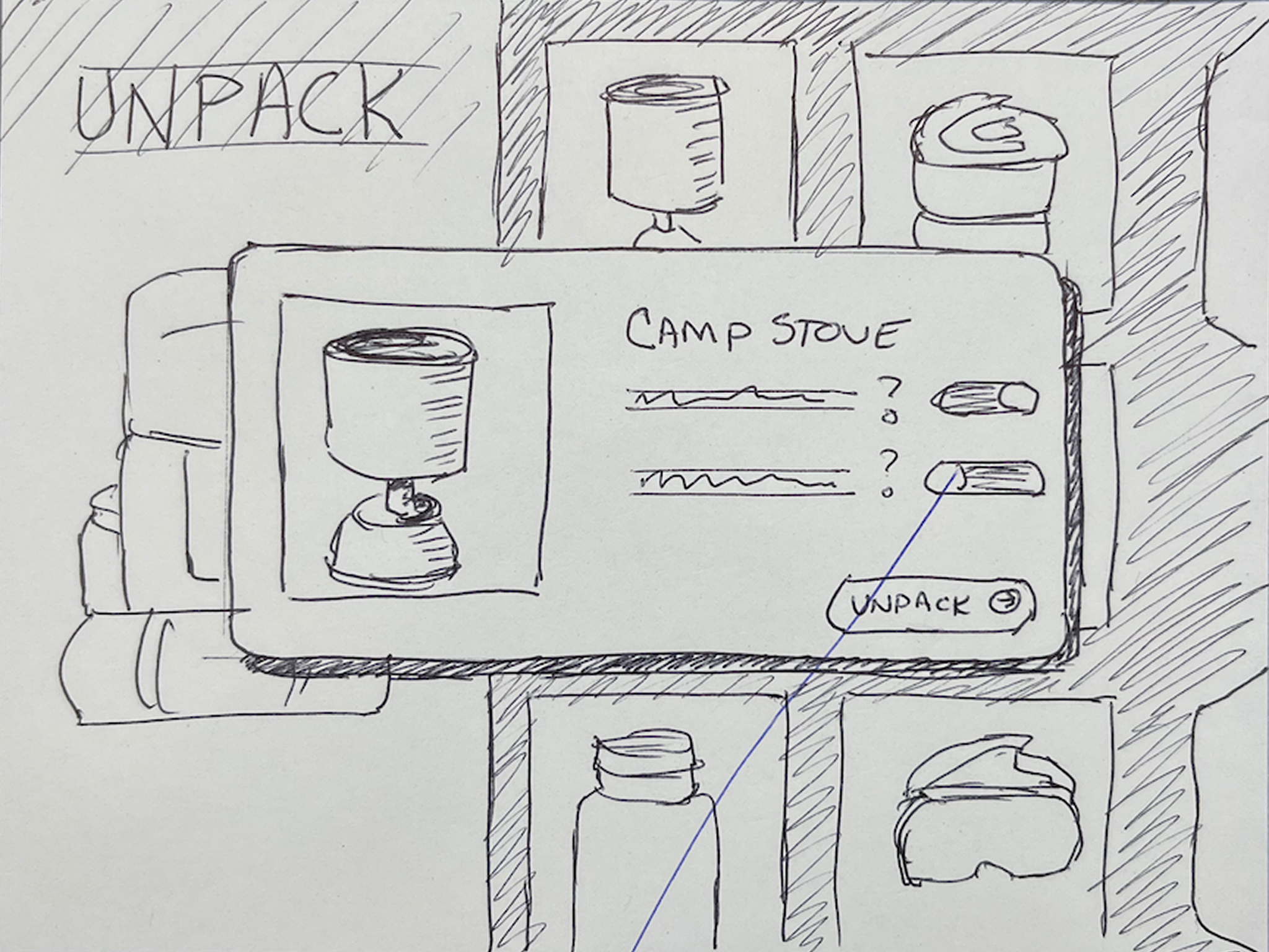 A sketched 'Unpack' screen with a gear grid behind a 'Camp Stove' detail modal containing two attribute rows and an Unpack button.