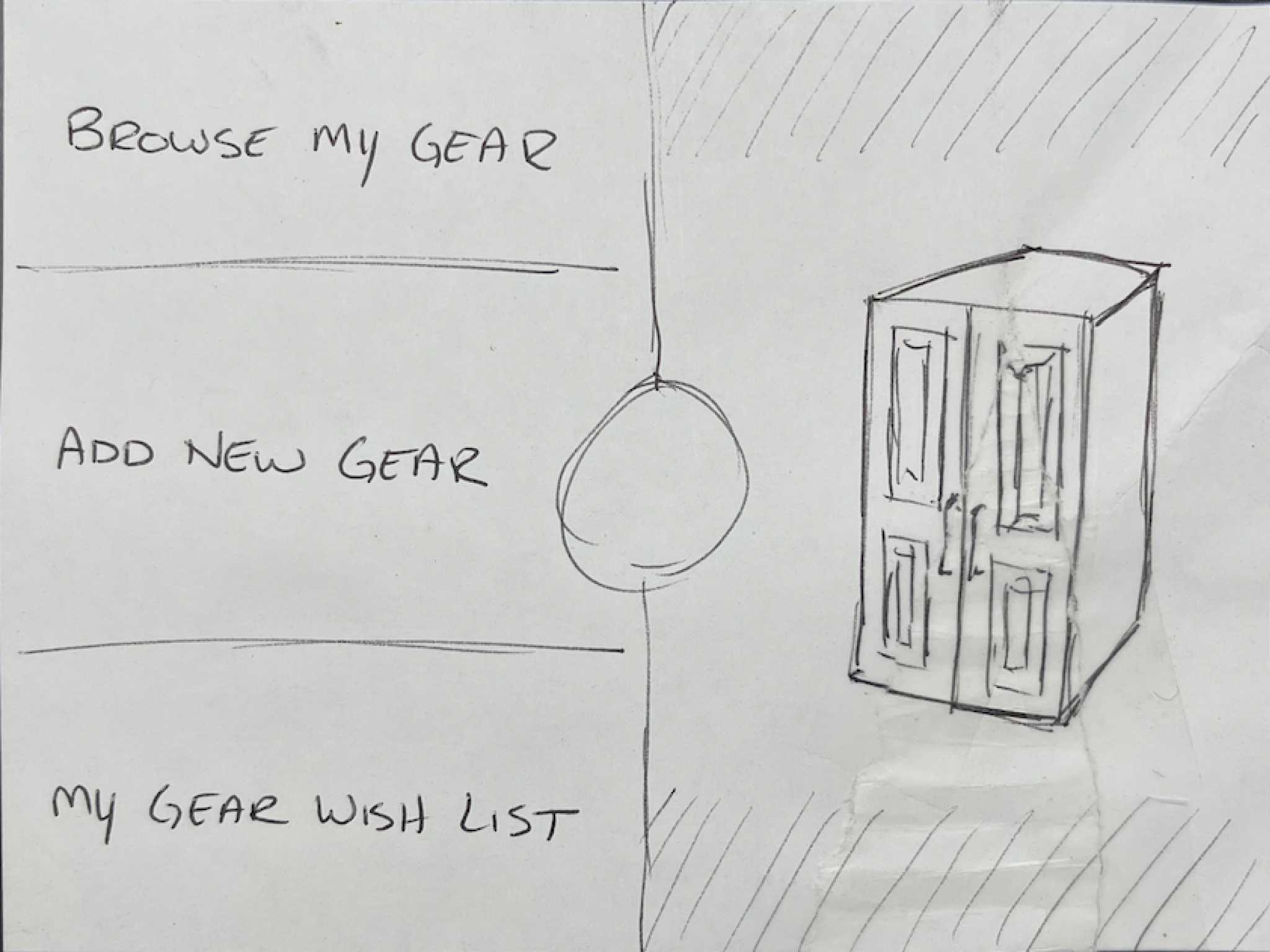 A notebook sketch listing three gear options — 'Browse my gear,' 'Add new gear,' and 'My gear wish list' — beside a drawn gear closet.