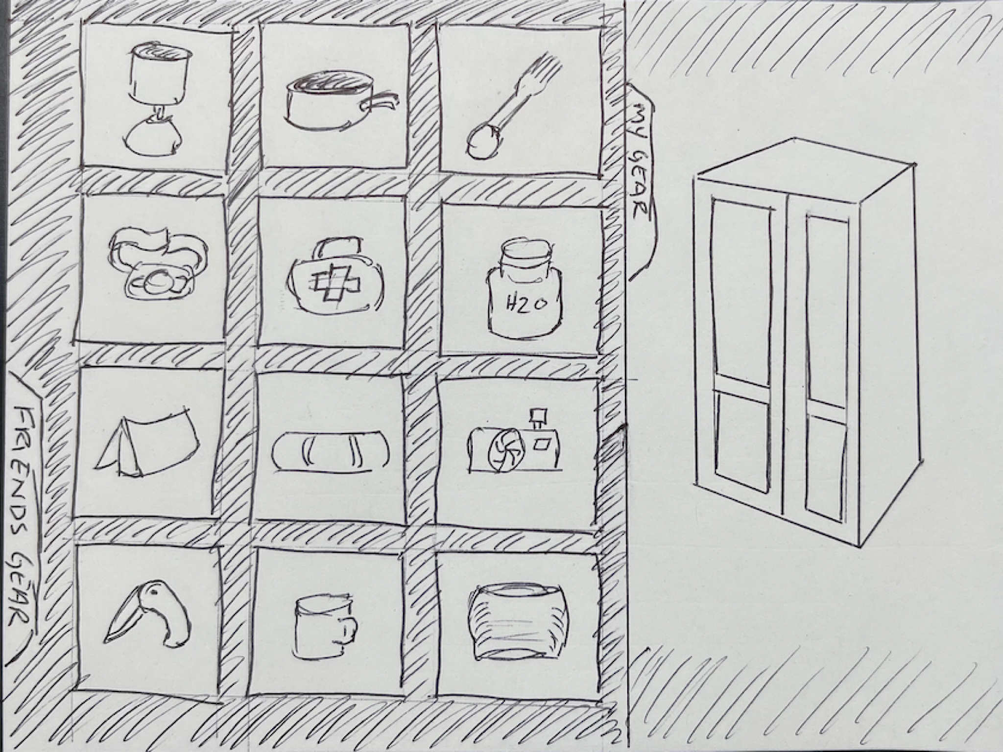 A sketched gear-library grid divided into 'My Gear' and 'Friends Gear' rows of hand-drawn item icons, beside a drawn wardrobe.