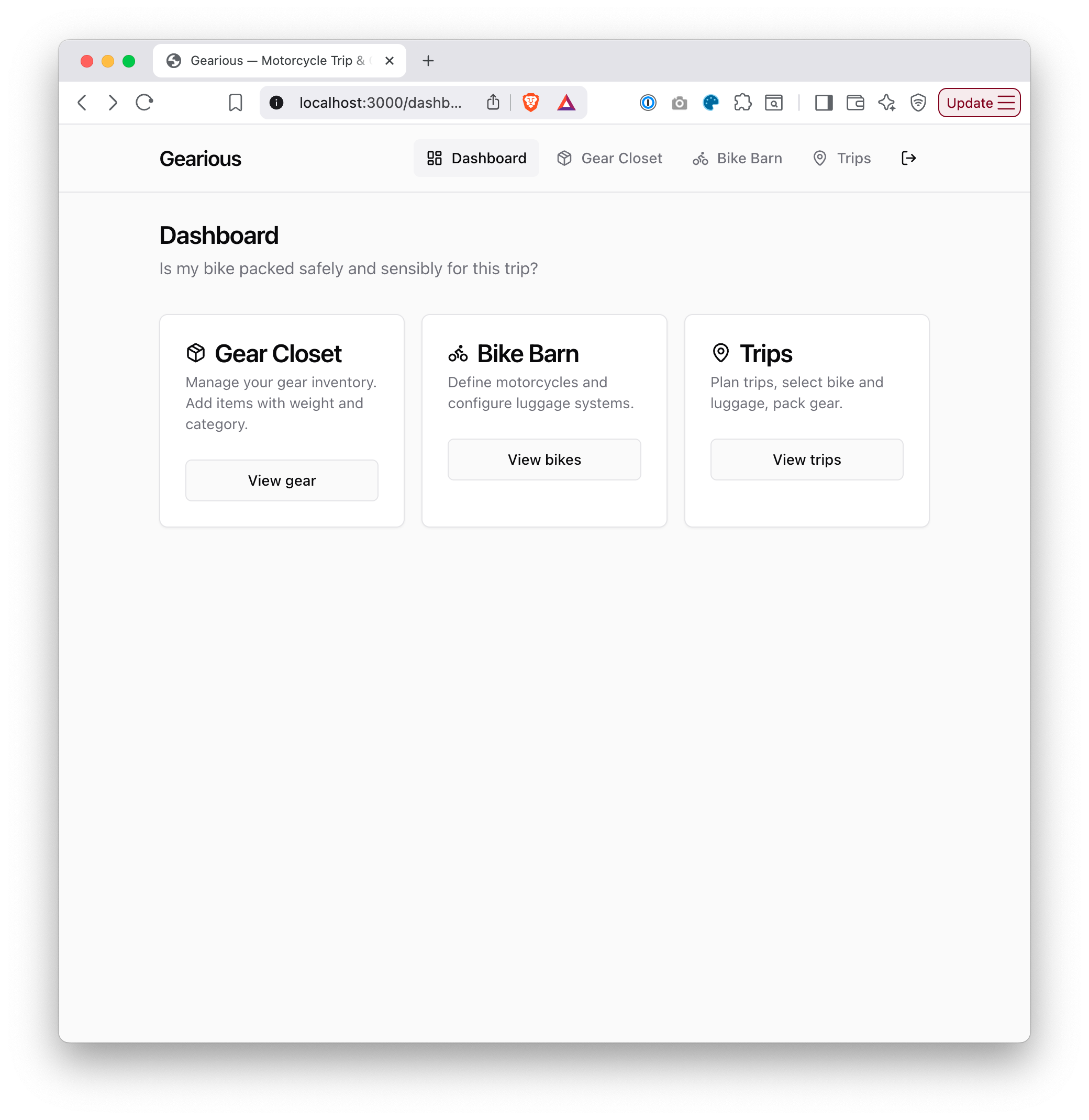 A black-and-white clickable wireframe of the Gearious dashboard with Gear Closet, Bike Barn, and Trips cards.