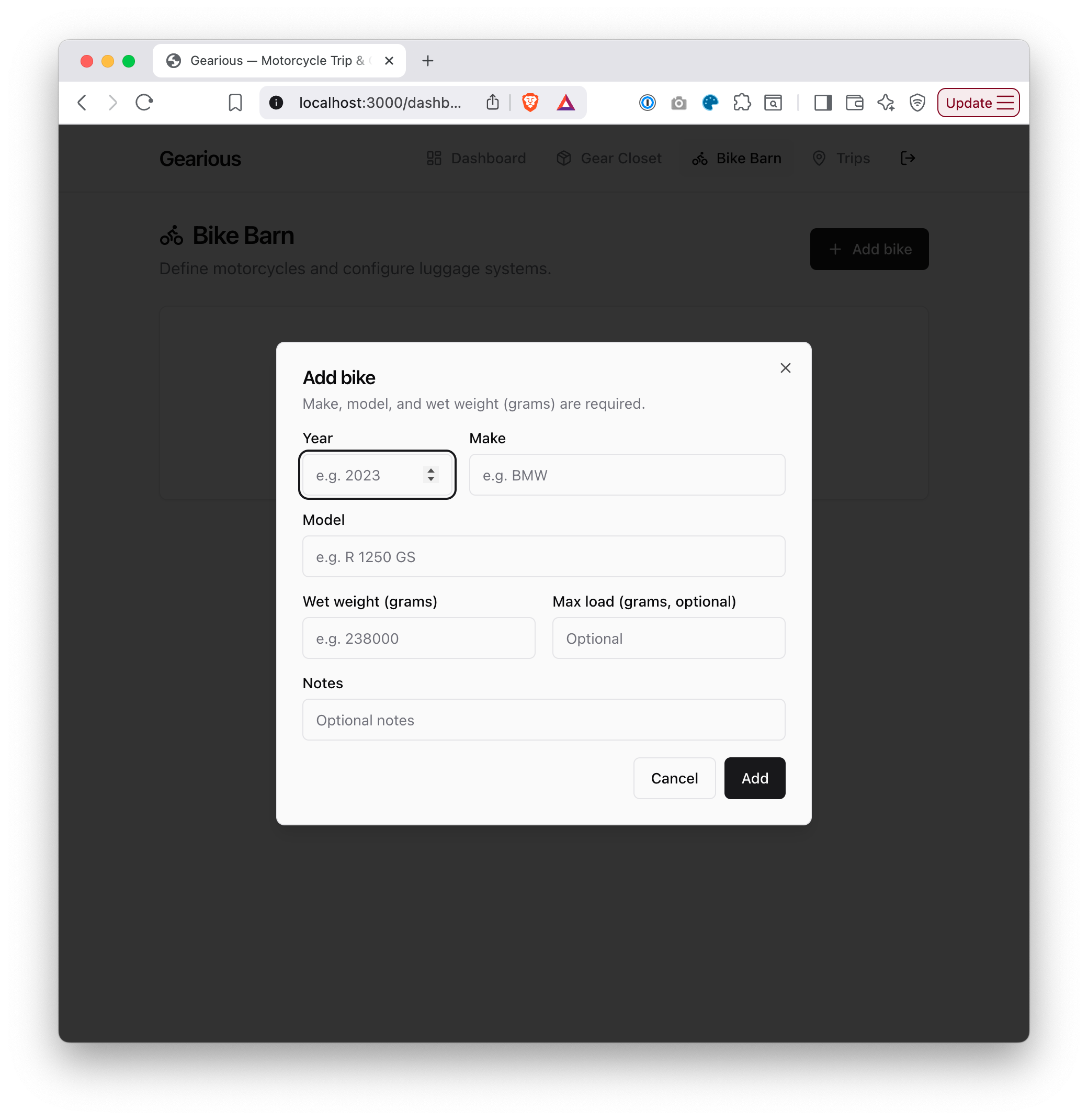 A wireframe of the 'Add bike' dialog with Year, Make, Model, wet weight, max load, and Notes fields.