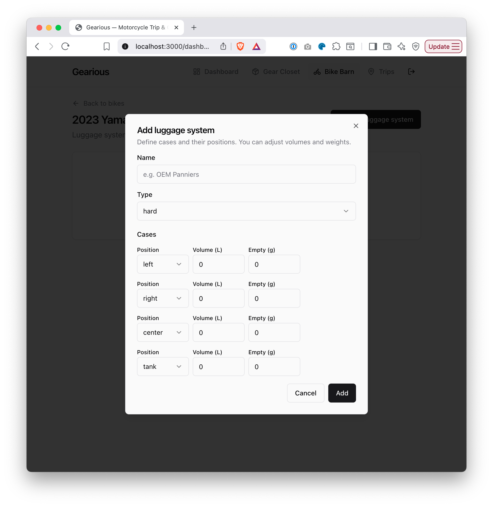 A wireframe of the 'Add luggage system' dialog with Name and Type fields and left, right, center, and tank case positions set to zero.
