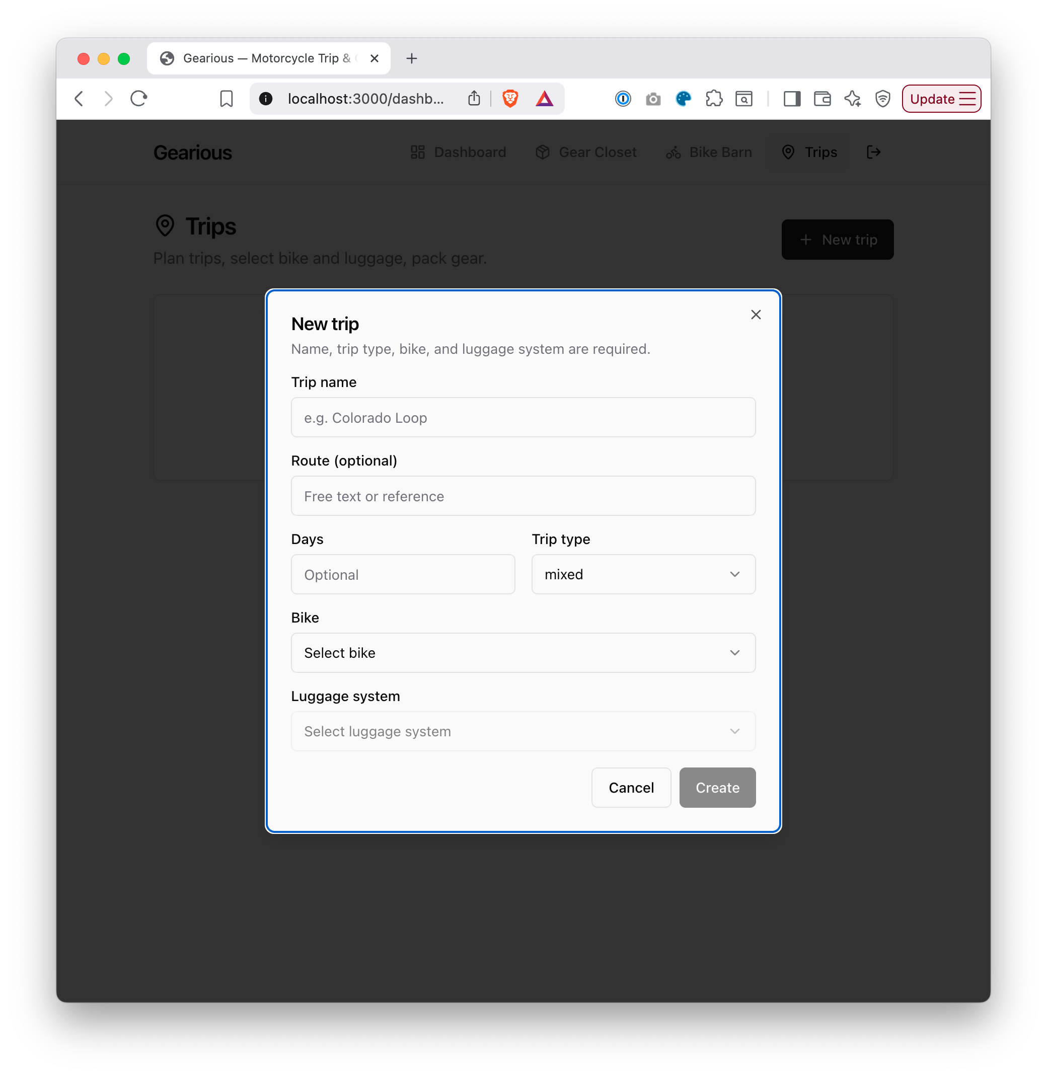 A wireframe of the 'New trip' dialog with trip name, route, days, type, bike, and luggage-system fields.