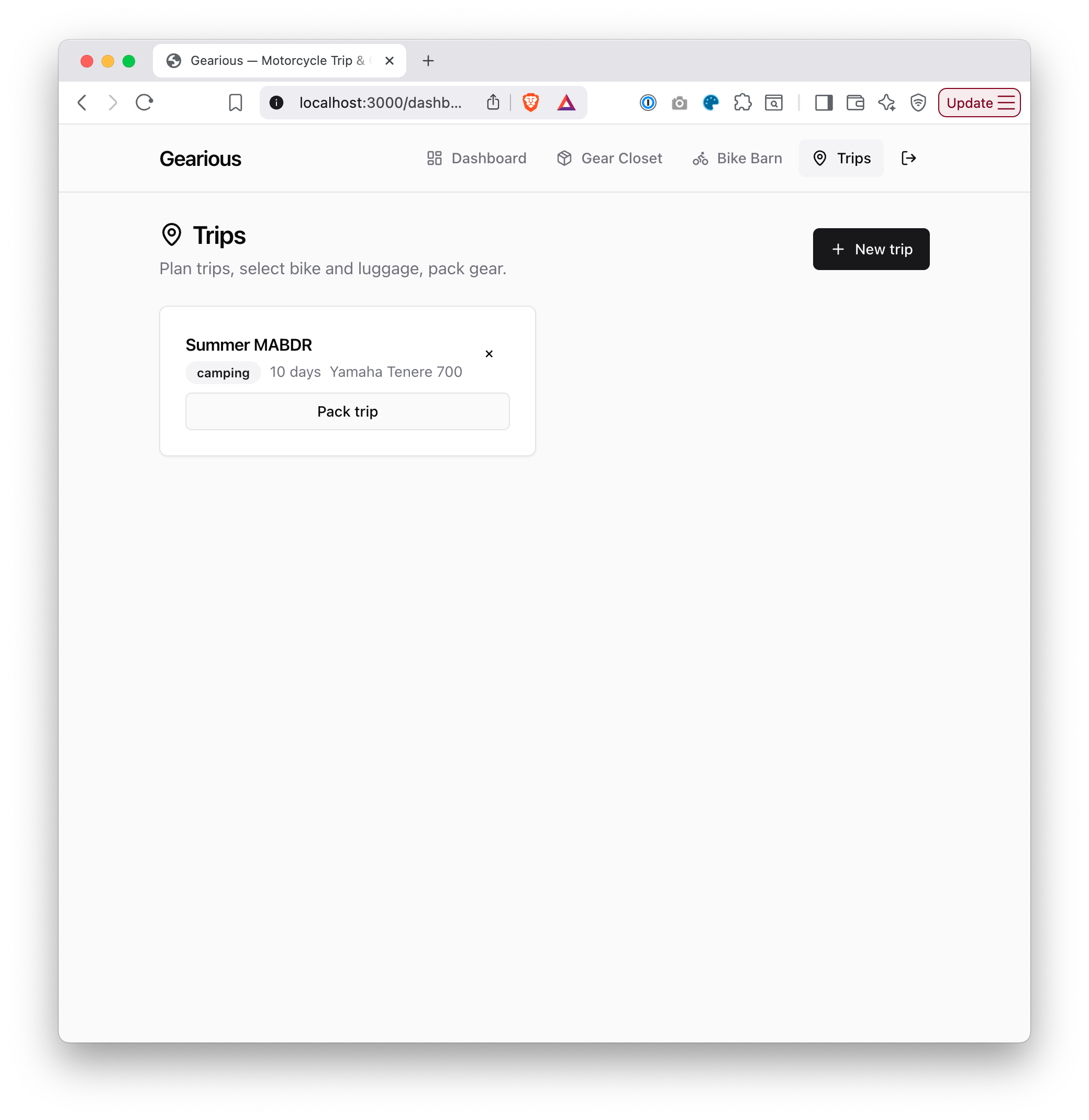 A wireframe of the Trips screen showing the saved 'Summer MABDR' trip card with a 'Pack trip' button.