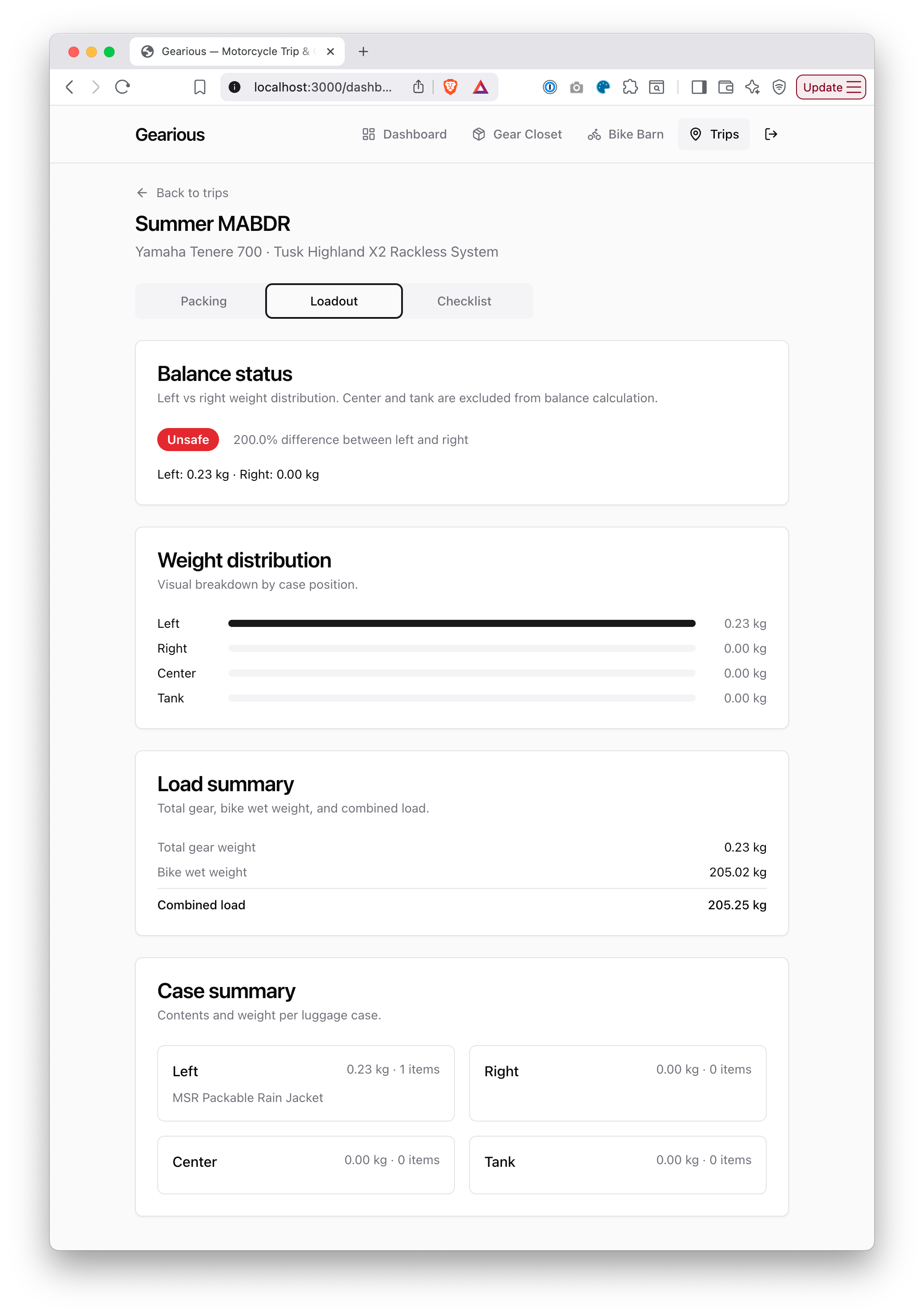 A wireframe of the trip Loadout tab showing balance status, weight-distribution bars, a load summary, and per-case contents.