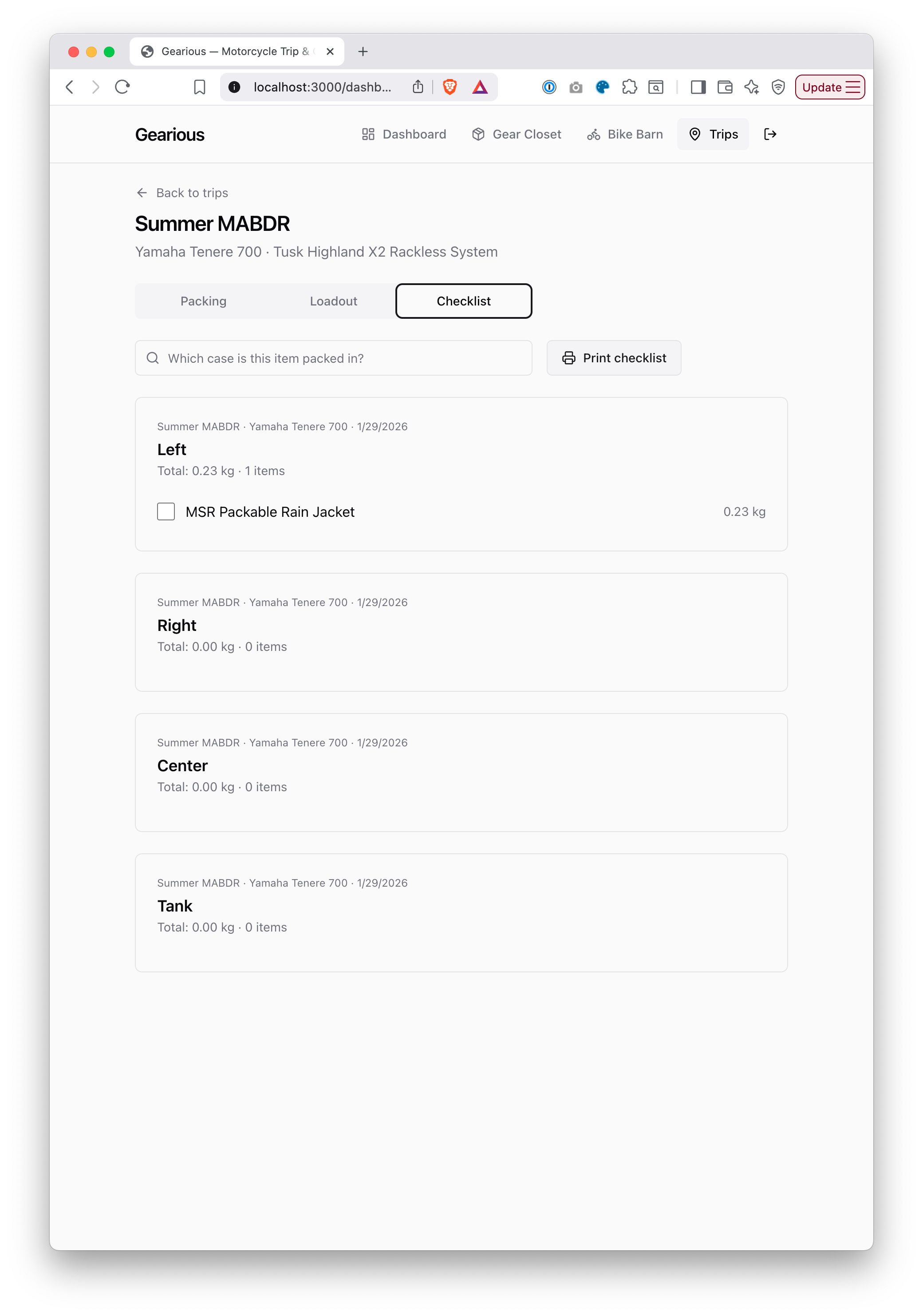 A wireframe of the trip Checklist tab listing Left, Right, Center, and Tank cases as a printable, checkable packing list.