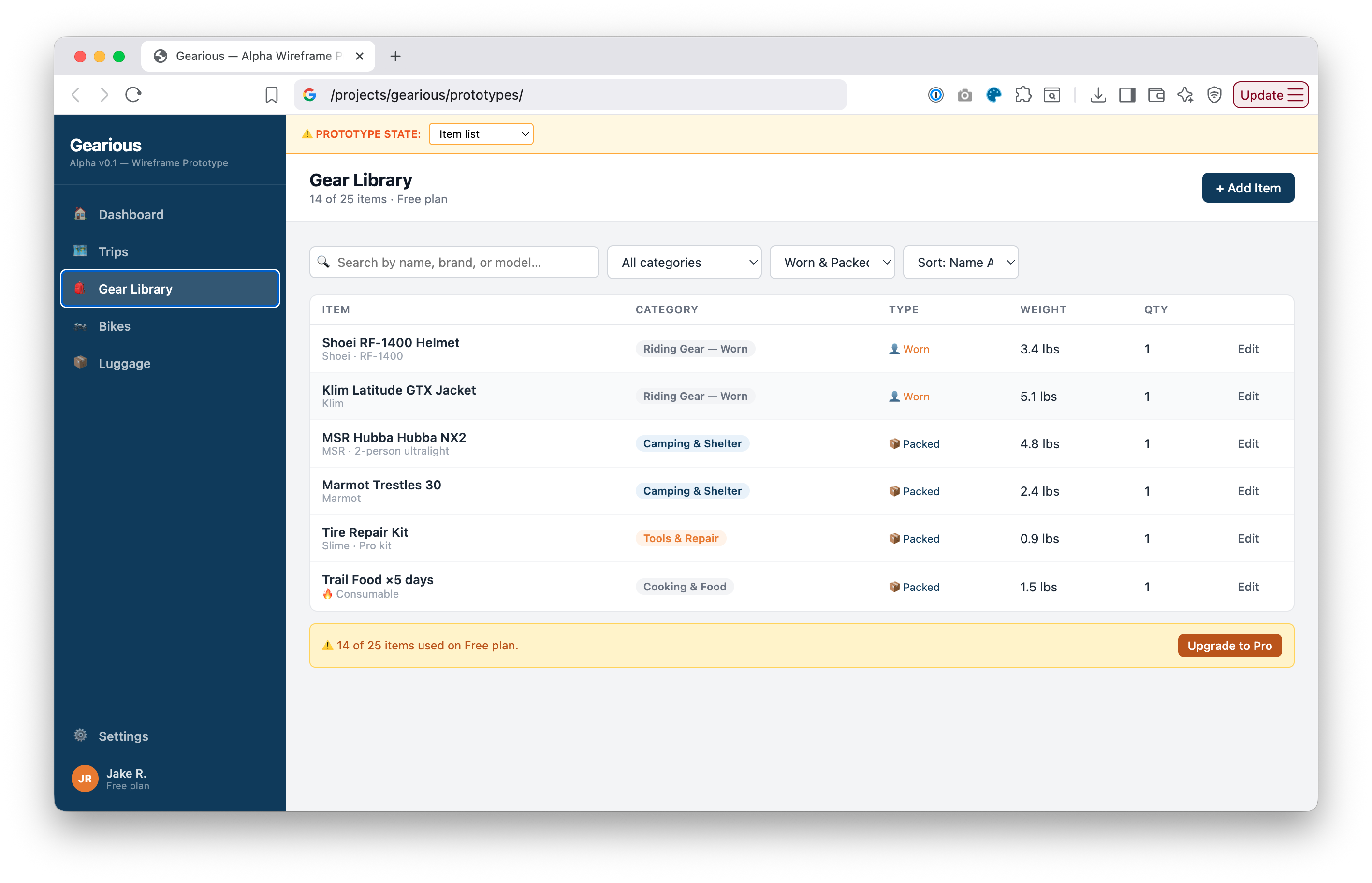The alpha prototype Gear Library table listing items with category, worn or packed type, weight, and quantity, plus a free-plan item-limit notice.