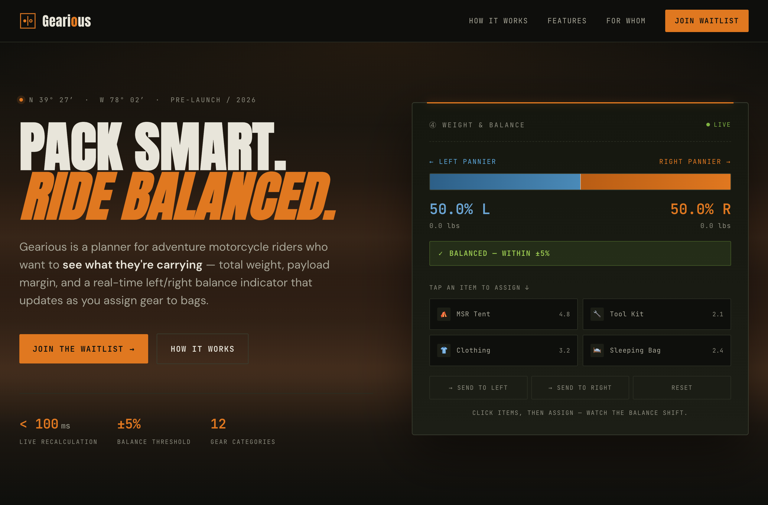The published Gearious landing page with a 'Pack smart. Ride balanced.' headline, an intro describing the planner, and a live interactive weight-and-balance demo showing a 50/50 left-right split marked 'Balanced.'