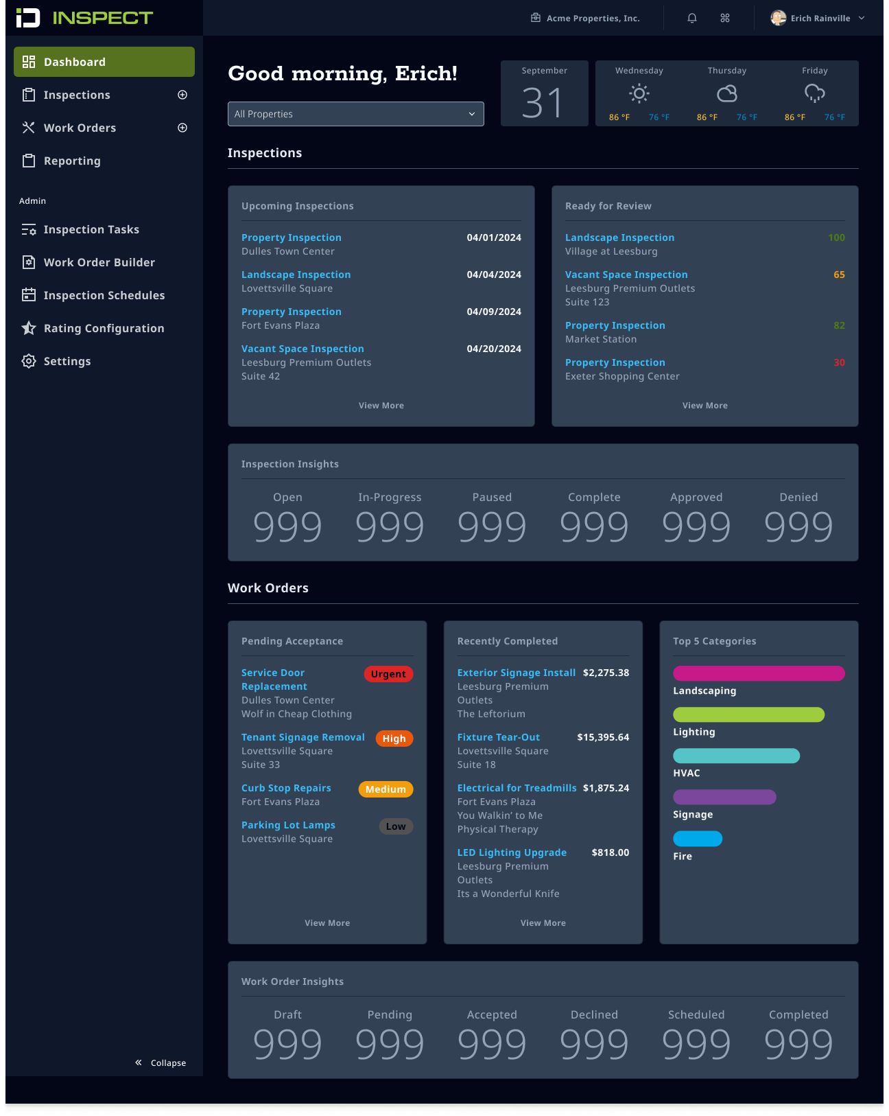 The same ID Inspect web dashboard rendered in dark mode, showing the design system's dark theme across cards and data panels.