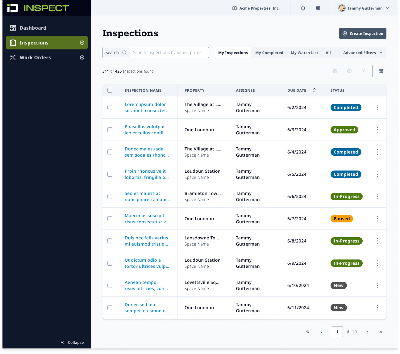 ID Inspect web inspections list, a sortable table of inspections with property, assignee, due date, and color-coded status badges.