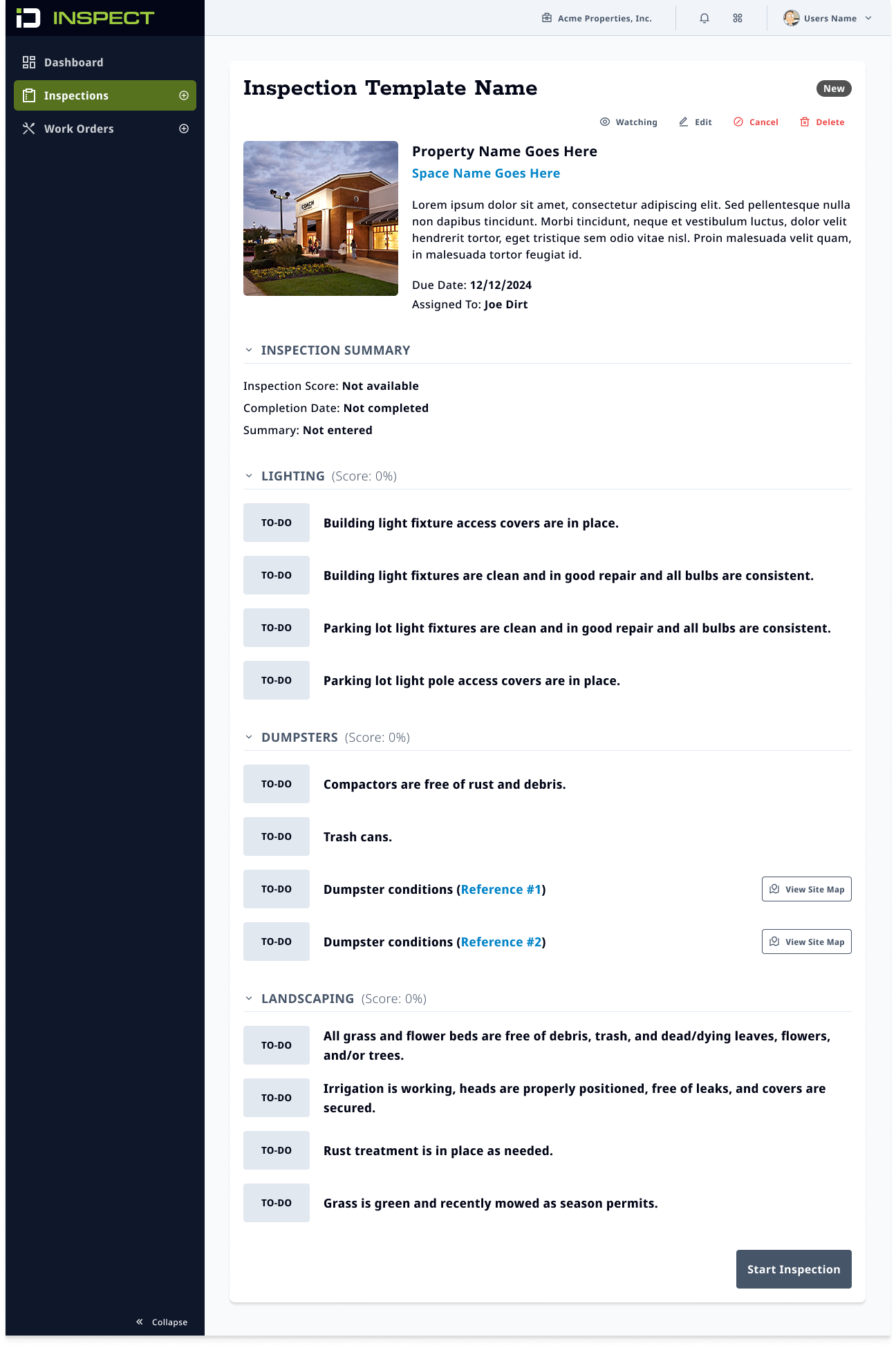 Web inspection detail before starting, showing the property header and checklist items grouped by category (Lighting, Dumpsters, Landscaping), each marked 'to-do'.