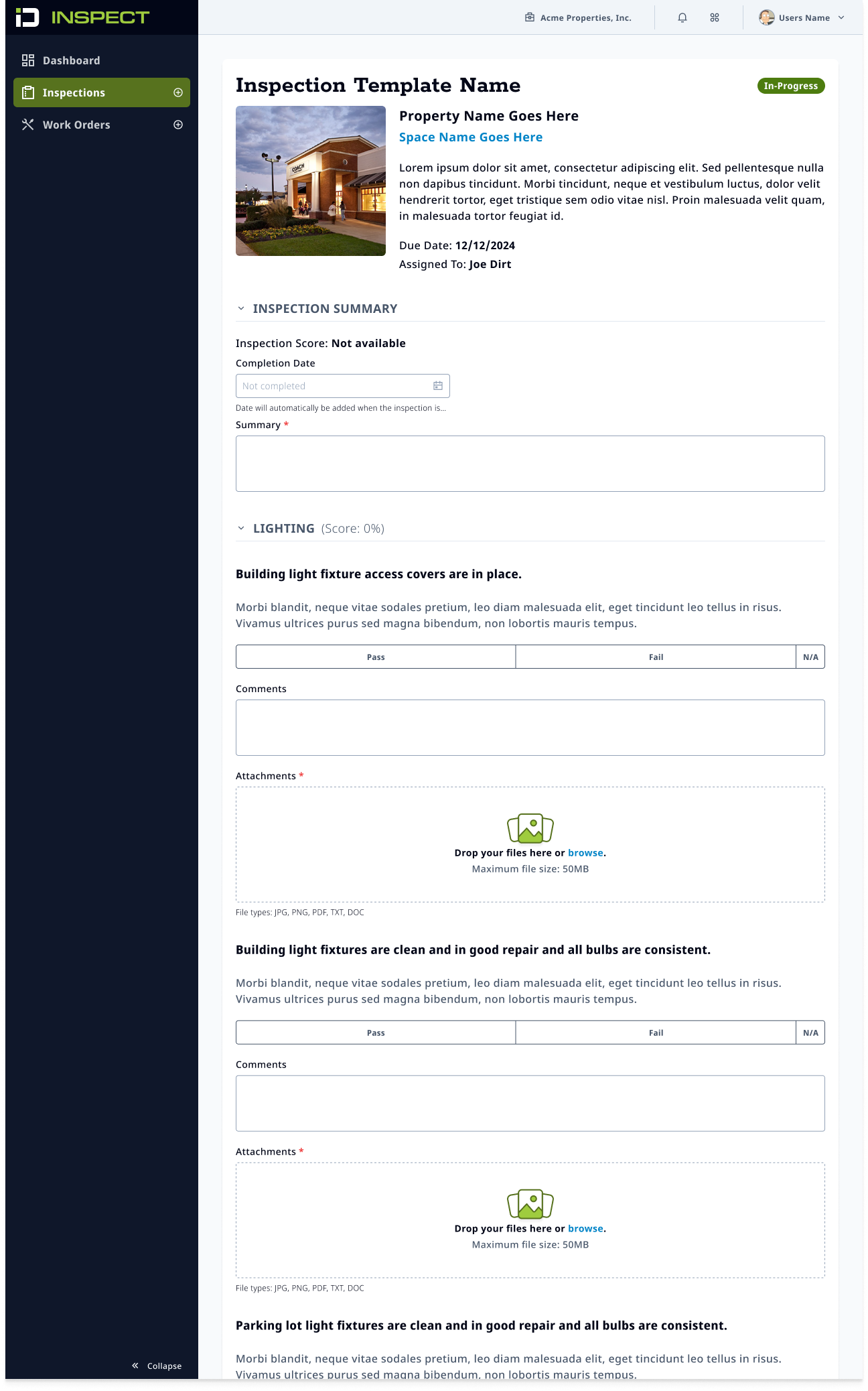 Web inspection in progress, with Pass/Fail/N/A controls, a comments field, and a file drop zone for photo attachments on each checklist item.