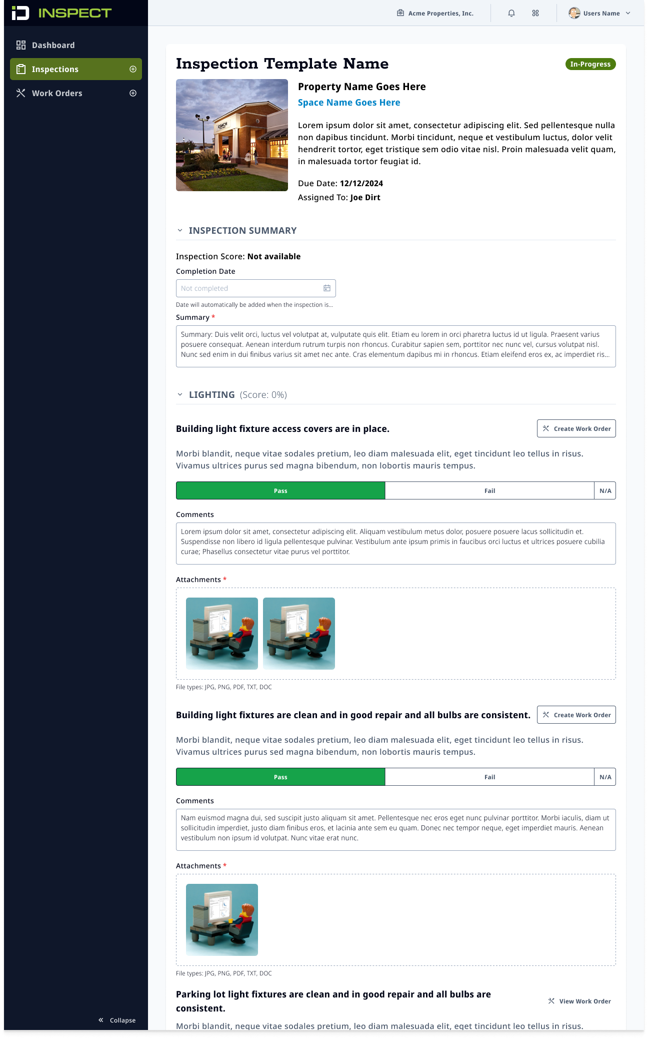 Web inspection showing items marked Pass, completed comments, attached photos, and per-item 'Create Work Order' actions.