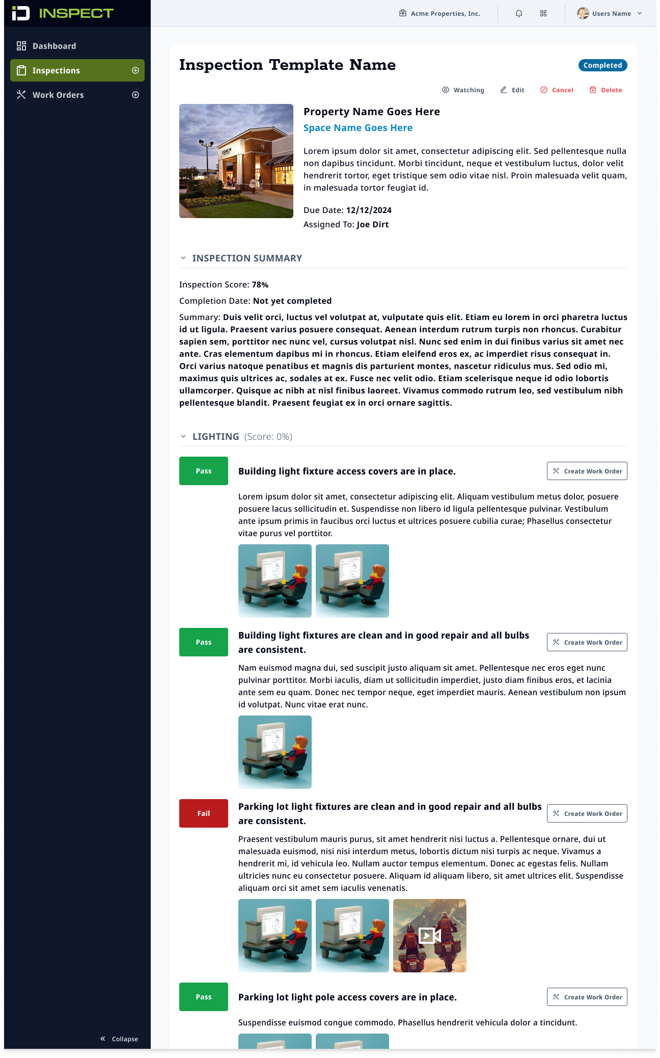 Completed web inspection scored 78%, listing pass and fail results with attached photo and video evidence.