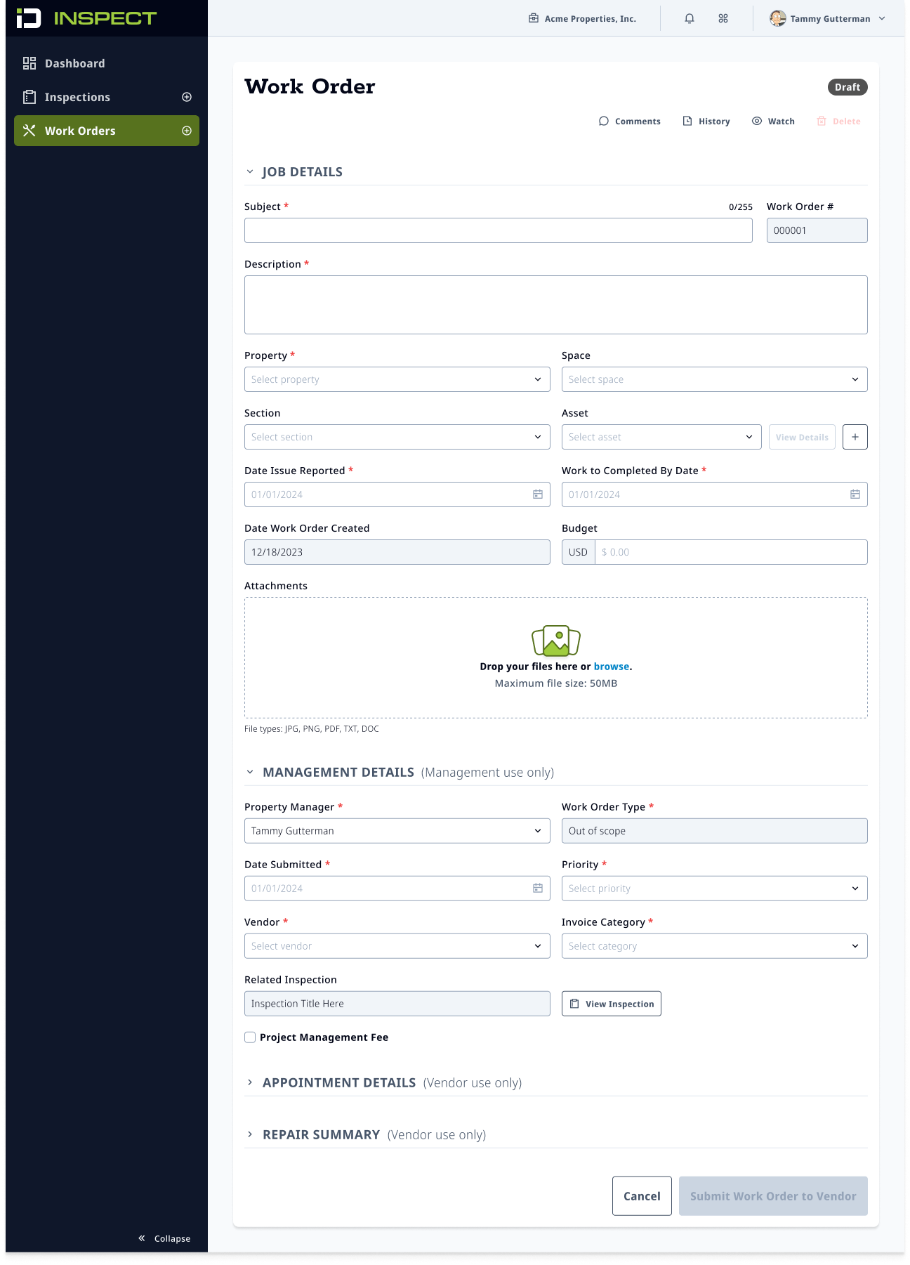 Empty ID Inspect work-order form with job-details fields, an attachments drop zone, and a management-details section.
