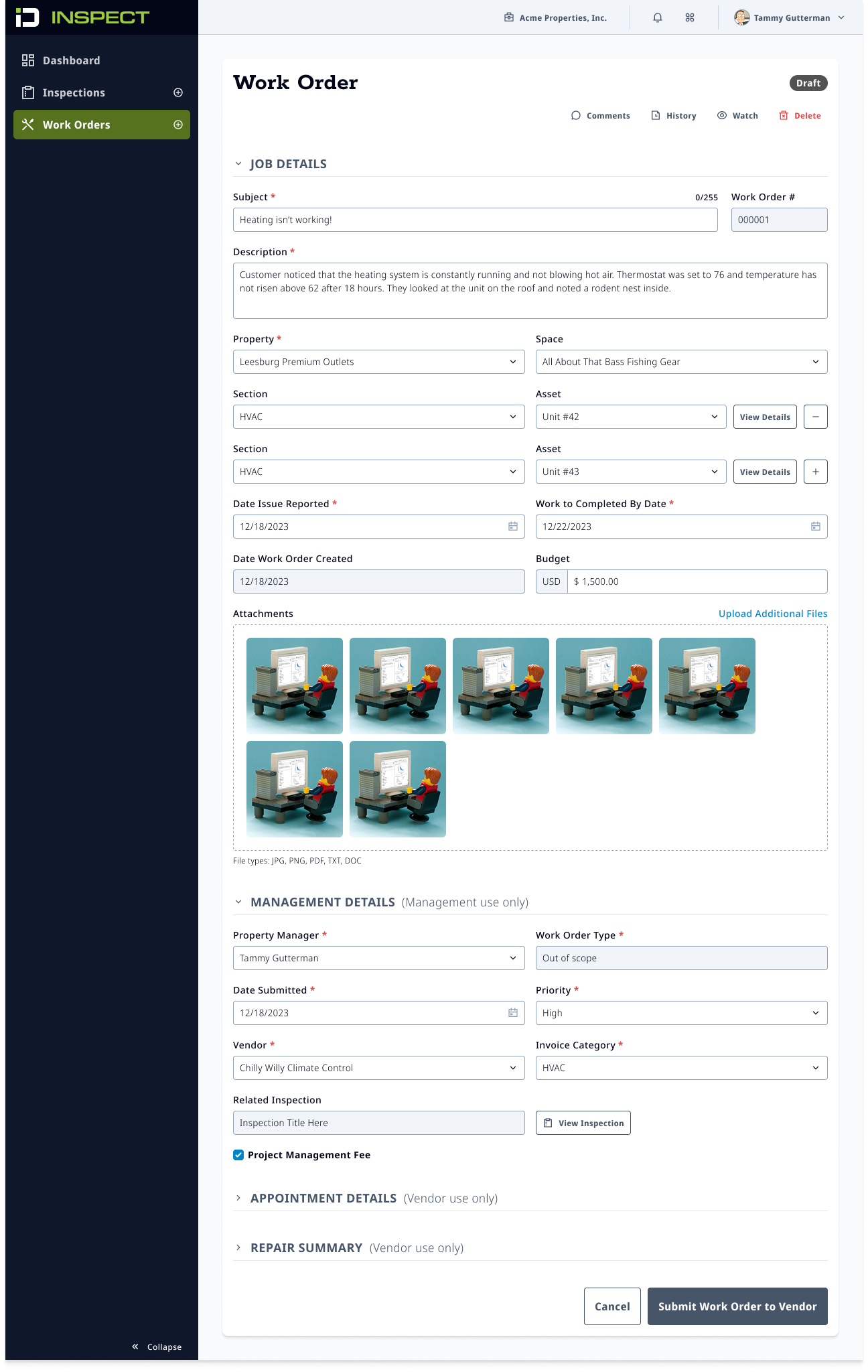 A filled-in work-order form for an HVAC heating issue, with description, linked assets, budget, attached photos, and vendor assignment.