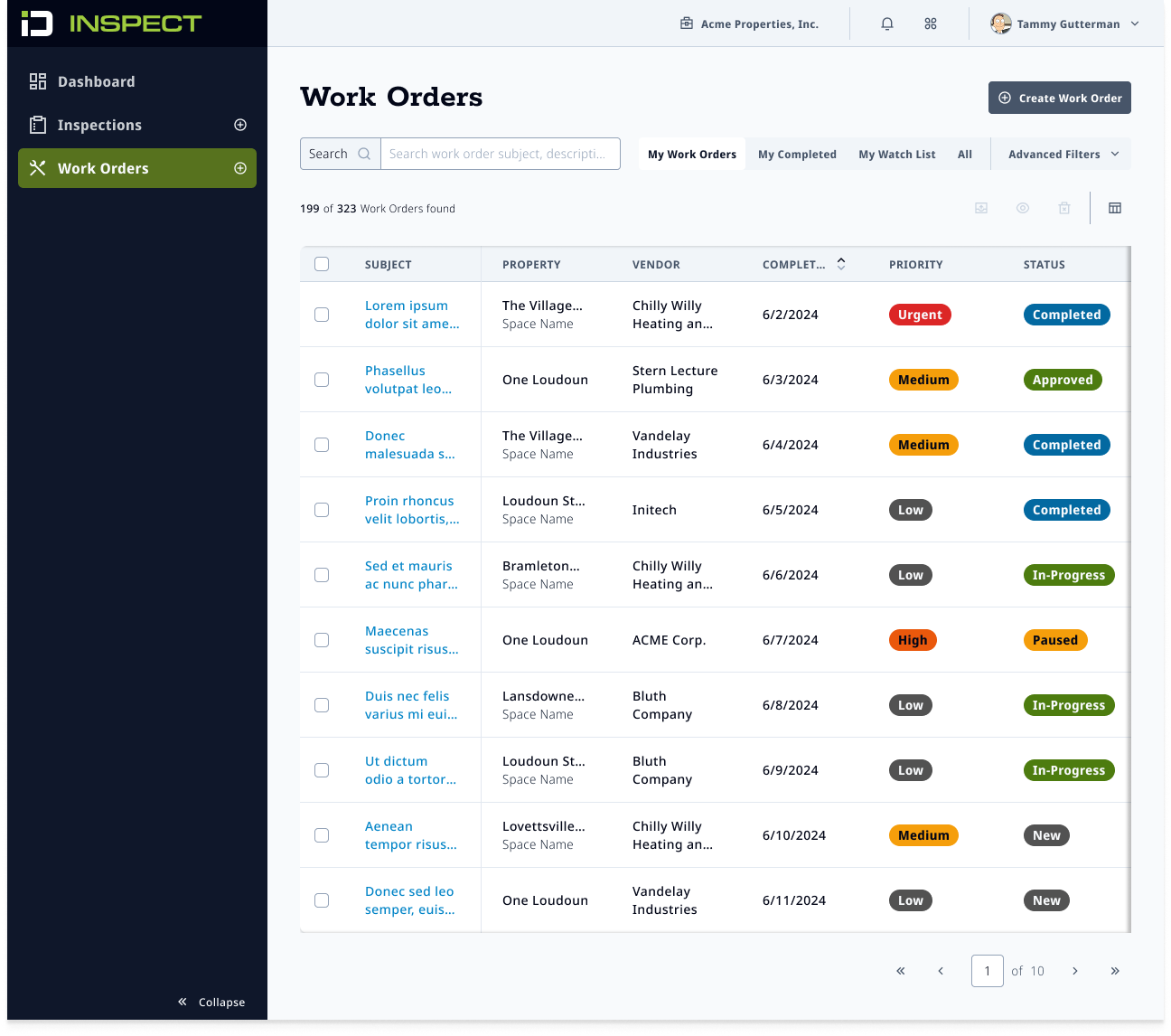 ID Inspect web work-orders list, a table of work orders with property, vendor, priority, and status columns.