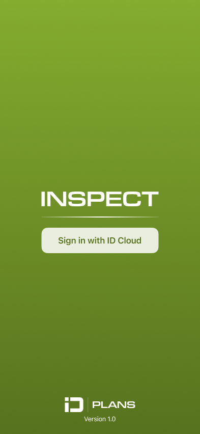 ID Inspect mobile app sign-in screen with a 'Sign in with ID Cloud' button on the branded green splash.
