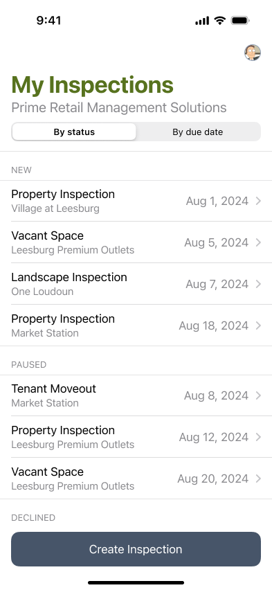 ID Inspect mobile 'My Inspections' list, grouped by status with each item showing inspection type, property, and date.