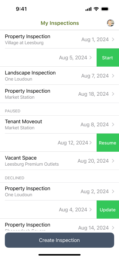 Mobile inspections list with a swipe gesture revealing green 'Start' and 'Resume' actions on an inspection row.