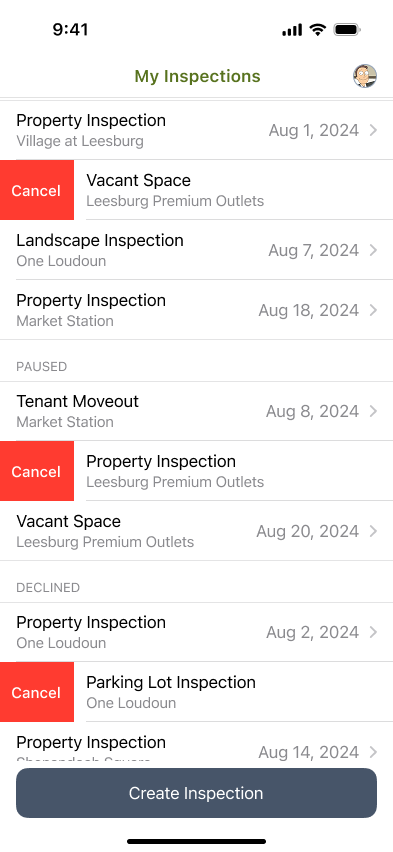 Mobile inspections list with a swipe gesture revealing the red 'Cancel' action on inspection rows.
