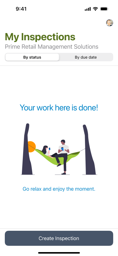 Mobile 'My Inspections' empty state with a 'Your work here is done!' illustration of two people relaxing in a hammock.