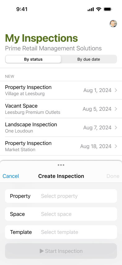 Mobile create-inspection sheet with property, space, and template selectors and a 'Start Inspection' button.