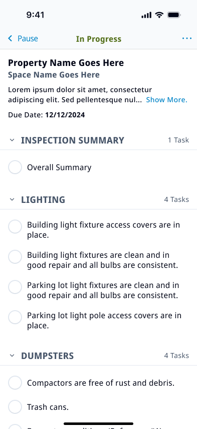 Mobile inspection in progress, showing the task checklist organized into collapsible sections with completion counts.