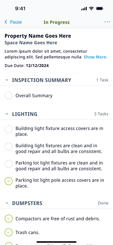 Mobile inspection checklist mid-completion, with some sections marked done and individual tasks checked off.