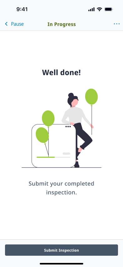 Mobile inspection completion screen with a 'Well done!' illustration and a 'Submit Inspection' button.