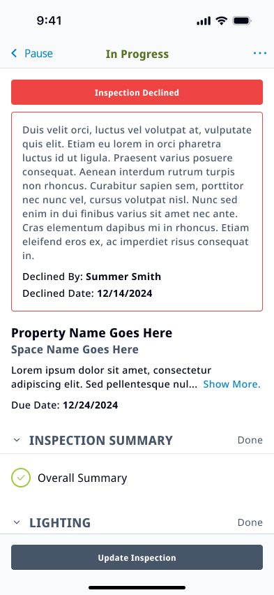 Mobile inspection showing a red 'Inspection Declined' banner with the reviewer's reason and an 'Update Inspection' action.