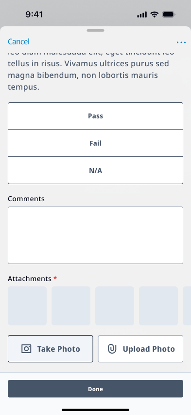 Mobile checklist-item entry screen with Pass/Fail/N/A options, a comments field, and required photo attachments.