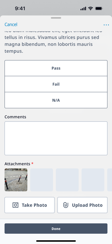 Mobile checklist-item entry with the captured street-corner photo added to the item's attachments.